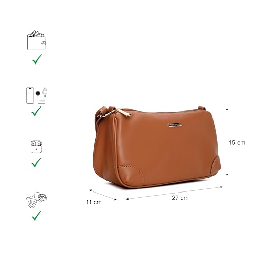 Fastrack Tan Sling Bag for Women | Minimal Faux Leather Crossbody with 2 Zippered Compartments & Quick-Access Pocket | Adjustable Strap Sling for Everyday Outings & College
