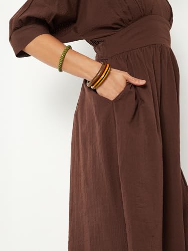 Max Women Textured A-line Midi Dress (Brown_M)