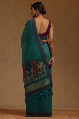 Soch Womens Teal Chanderi Woven Design Saree
