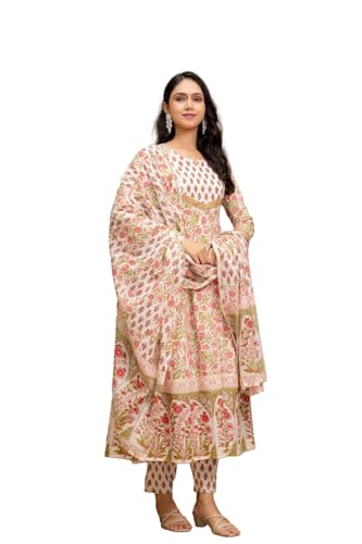 NIVANA Embroidered & Floral Printed Anarkali Kurta with Pant & coordinated Dupatta | S | White | Floral | Anarkali