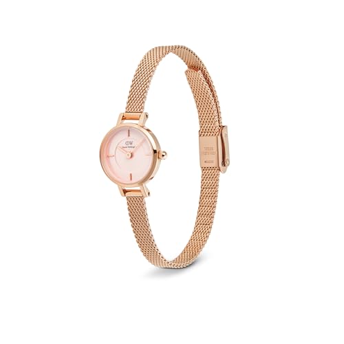 Daniel Wellington Petite Analog Watch for Women with Pink Round Dial & Rose Gold Stainless Steel Bracelet Band Water Resistant Women's Wrist Watches - DW00100743K