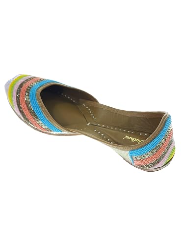 Fulkari Women's Salvia Gold Multicolor Soft Leather Embroidered Jutis | Bite and Pinch Free Jutti | Punjabi Formal Juttis | Girl's Wedding Flat Ladies Mojari | Formal Ethnic Juti | 41