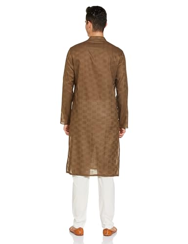 Manyavar Walnut Cotton Self Design Casual Kurta Set for Men