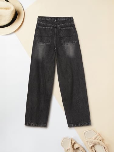 Max Girls Washed Barrel Fit Jeans (Black_12-14 Y)