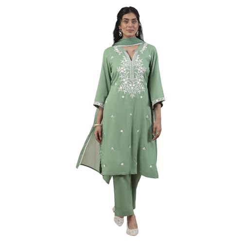 BIBA Women Green Viscose Rayon Straight Suit Set_36