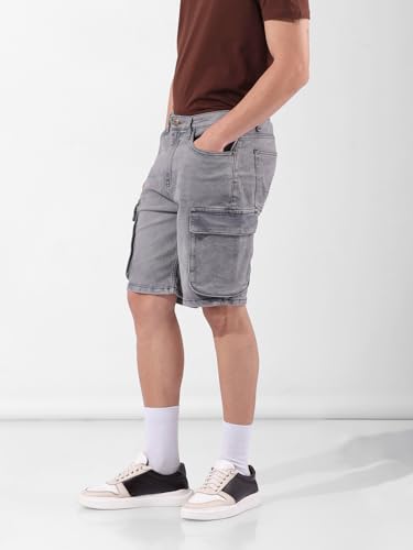 The Indian Garage Co Men Relaxed Fit Printed Mid Rise Denim Shorts (Grey_32)