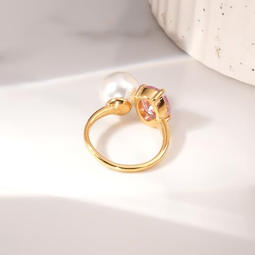 PALMONAS Elegant Pink Crystal & Pearl Ring(Size-Adjustable) | Gift For Women & Girls