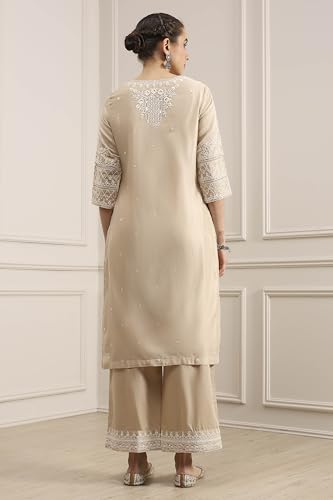 Biba Women Natural White Chanderi Straight Dyed Suit Set_38