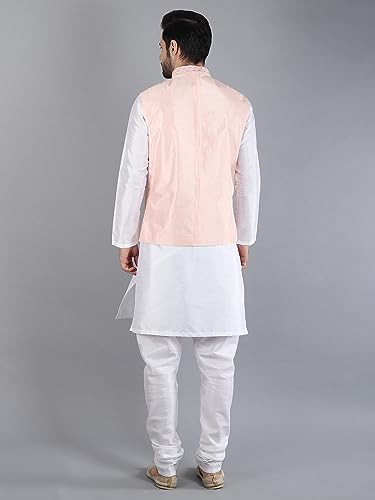 Modern Garments Men's Silk Blend Kurta Pajama with Ethnic Nehru Jacket/Modi Jacket (38, White & Light Pink)