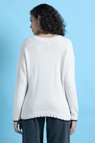 Women White Patterned Round Neck Casual Sweater