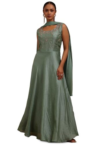 Soch Womens Turquoise Blue Vichitra Embroidered Gown with Cutdana