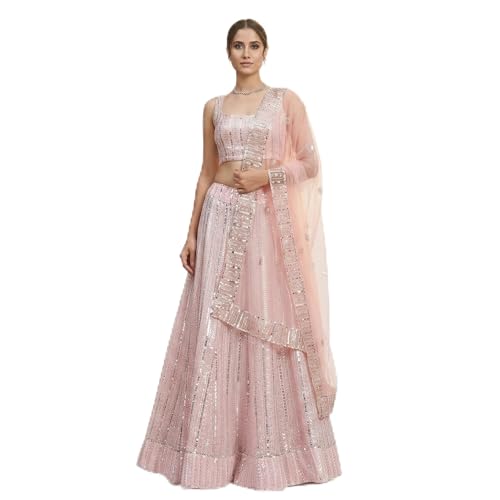 Kuber Enterprise Women's Semi-Stitched Grey Embroidered Lehenga Choli with Dupatta | Designer Net Flared Lehenga for Wedding | Heavy Sequin & Stone Work Ethnic Wear Set (Pink)