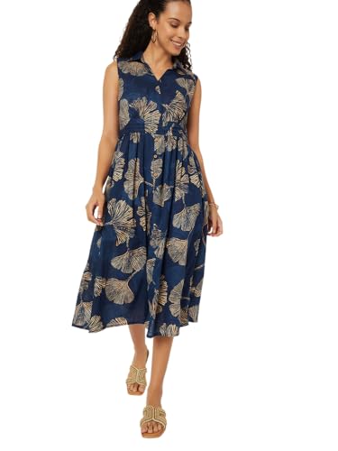 Max Women Printed A-line Midi Dress (Blue_XL)