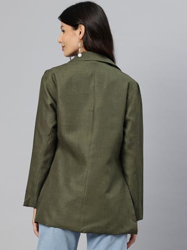 Cottinfab Women Olive Green Solid Single-Breasted Long Sleeves Formal Blazer