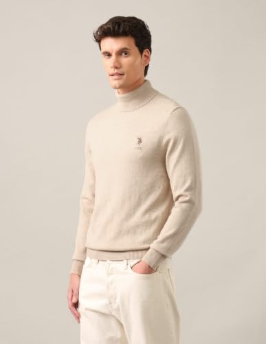U.S. POLO ASSN. Men's Beige Solid Turtle Neck Long Sleeve Casual Acrylic Regular Fit Pullover Sweater USSWE2253Beige3XL