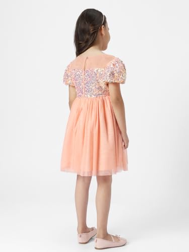 nauti nati Polyester Nautinati Girls' Round Neck Embellished Party Dress Knee-Length Casual NN321-524_Peach