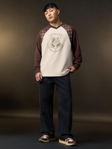 The Souled Store Harry Potter: Four Houses Men and Boys Long Sleeve V-Neck Beige Graphic Printed Casual Lightweight Drop Shoulder Streetwear Trendy Oversized Full Sleeve T-Shirt