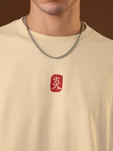 The Souled Store Ukiyo: Skater Men and Boys Short Sleeves Round Neck Beige Graphic Printed Lightweight Streetwear Oversized T-Shirt