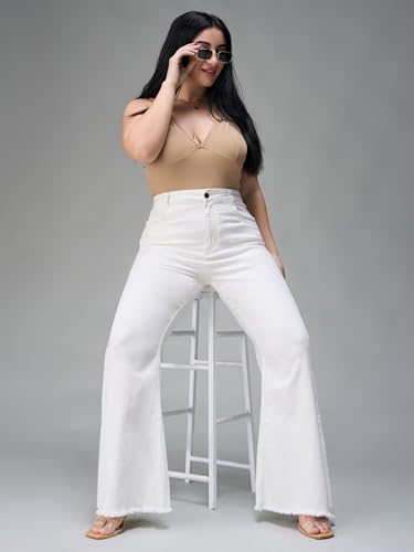 Miss Chase A+ Women's Wide-Leg High-Rise Regular-Length Stretchable Cargo Denim Jeans (APSS23DEN12-52-409-38, Frost White, 38)