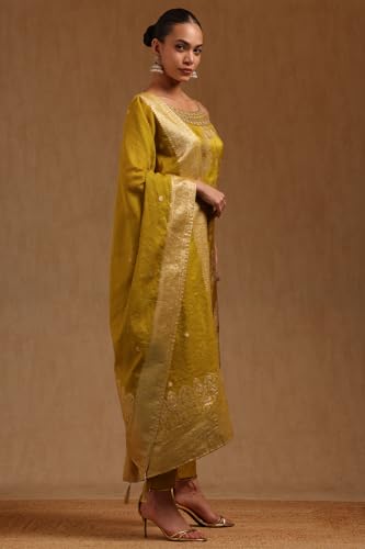 Soch Womens Light Green Brocade Floral Salwar Suit With Cutwork And Mirror
