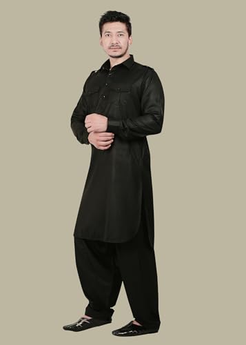 K-ROYALS Afghani Style Men'S Solid Pathani Suit/Luxury Fabric Kurta Pyjama Set (Black, XXX-Large)