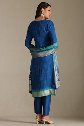 Soch Women's Blue Organza Zari Woven Suit Set With Faux Mirror And Sequins