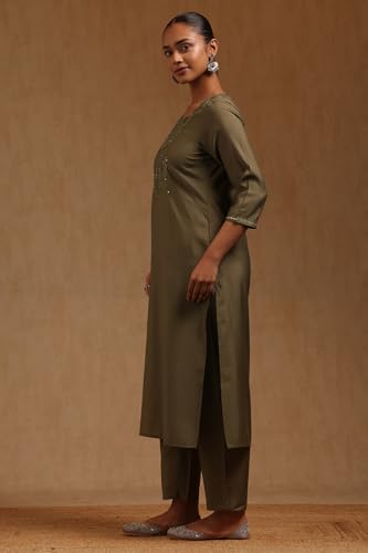 Soch Womens Olive Muslin Floral Kurta Set With Chikankari Embroidery Work