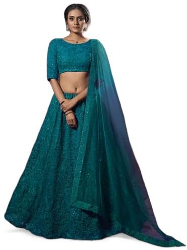 Zeel Clothing Thread Sequins Embroidery Work Soft Net Semi-Stitched Lehenga Choli Set With Dupatta (6017-Teal-Green-Women-Lehenga-Choli-New; Free Size)