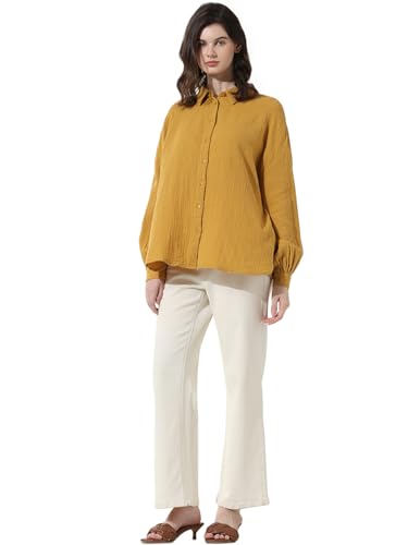 ONLY Women Solid Cotton Oversized Fit Yellow Shirt