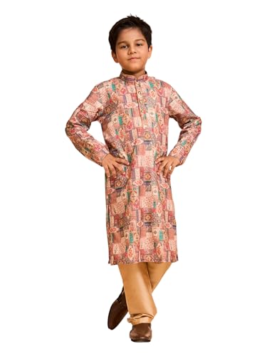 Manyavar Boys Viscose Blend Abstract Prints Kurta Pyjama Set (Rust,5-6Y)