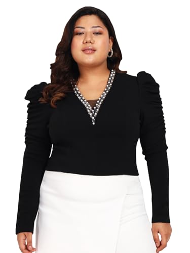 wild U Women Plus Size Crop Top | Hand Embellished | Stretchable | Club Wear | Trendy Stylish | Puff Sleeves (Black, Size : 6XL)