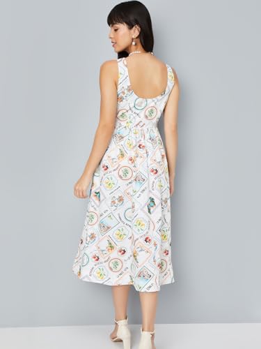 Max Women Printed Fit & Flare Midi Dress(Off White_XL)