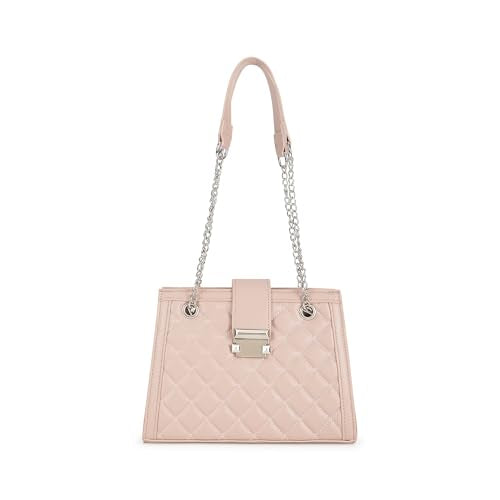 Pink SnapLock Shoulder Bag | Quilted Faux-Leather Women’s Handbag |Bag with Chain Strap & Dual Closure