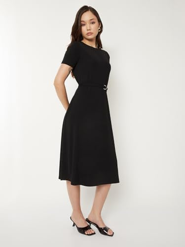 Max Women Textured A-line Belted Dress (Black_XL)