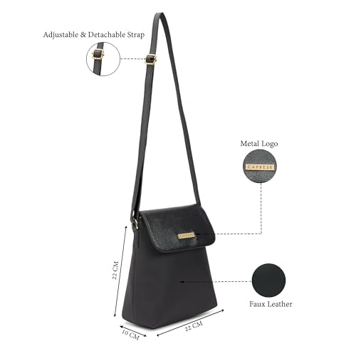 Caprese Fergi Large Crossbody Bag for Women with Adjustable Strap for Comfortable Wear | Versatile Handbag with Zipper & Magnetic Button Closure for Everyday Use, Travel, & Special Occasions (Black)