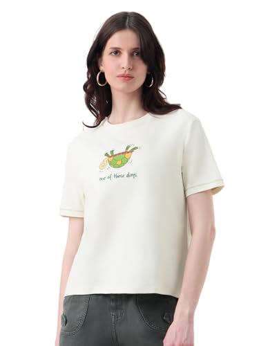 The Souled Store Pets On Prints: Women and Girls Short Sleeves Round Neck Off-White Embroidered Cotton Relaxed Fit Lightweight Everyday Streetwear T-Shirt