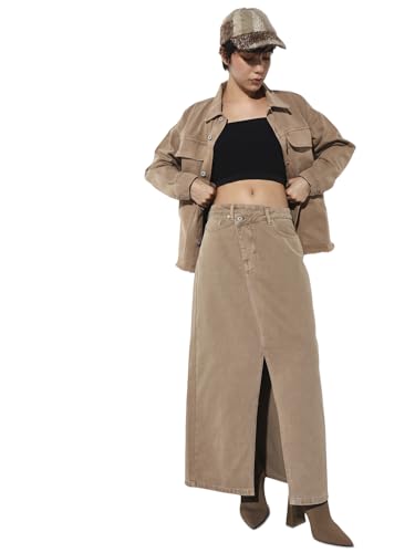 ONLY Women's Solid Flared Fit Mid-Rise Brown Skirt