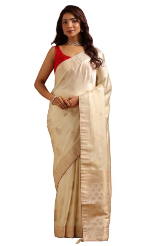 Soch Womens Cream Satin Botanical Zari Woven Saree