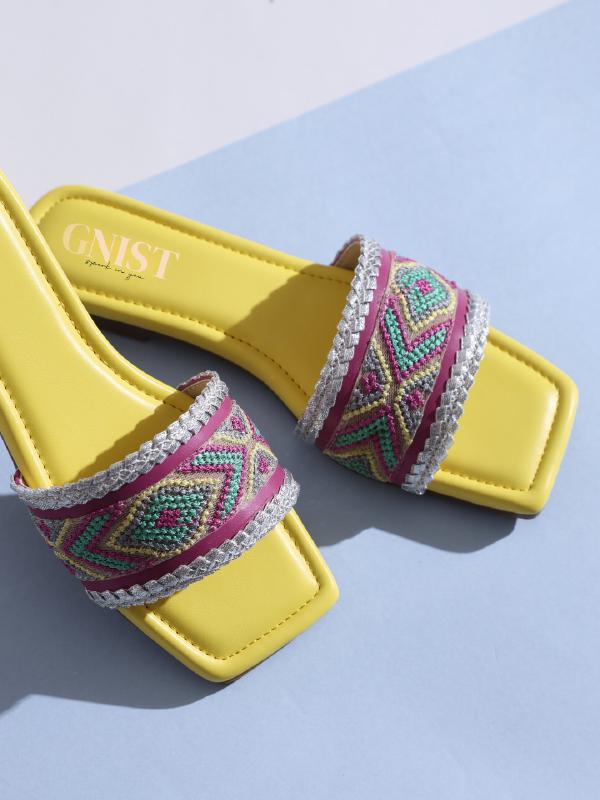 Yellow & Pink Embroidered Flats