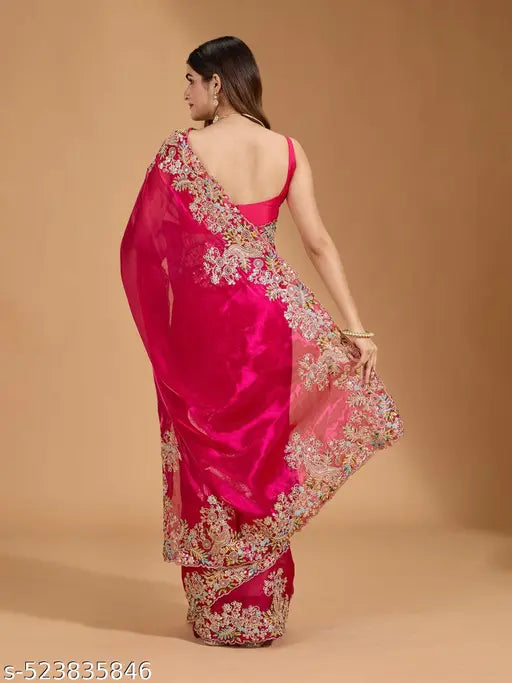 Women's Jimmi Choo Embroidery Work Saree With Unstitched Blouse Piece