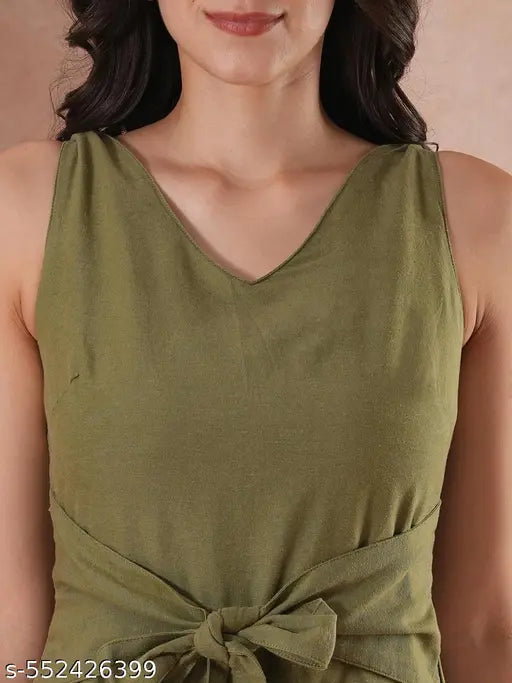 Globus Women Olive V-Neck Waist Tie-Up Longline Jumpsuit