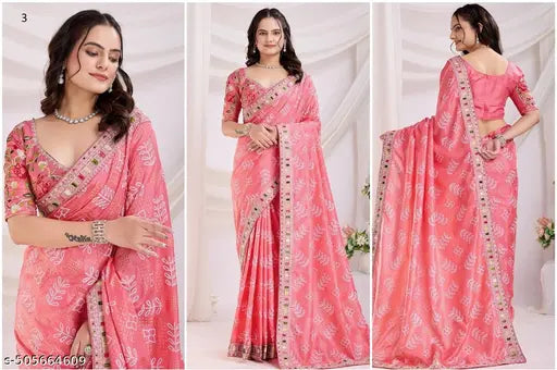 Women's Vichitra silk print Embroidery saree with mono banglory Blouse