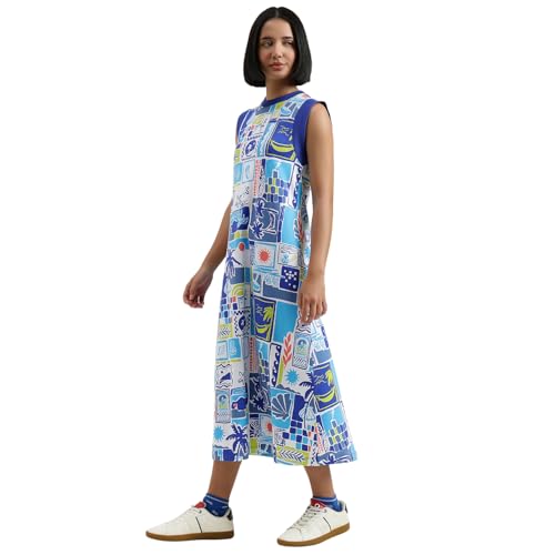 United Colors of Benetton Round Neck Printed Dress (Size : XS) - 26P3BL0DV01RG902 Blue