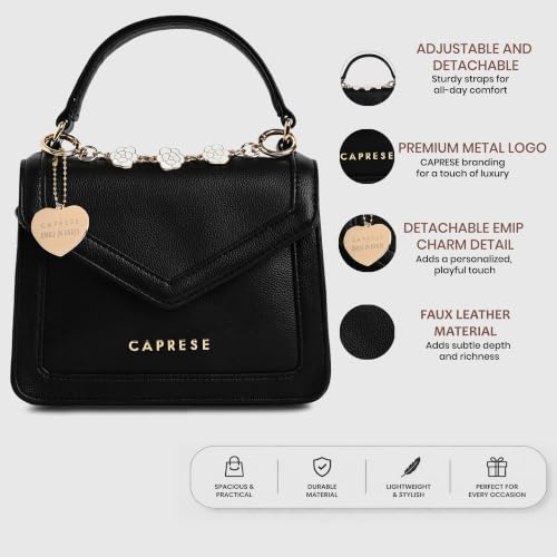 Caprese X Emily in Paris Tiara Small Satchel - Premium Textured Faux Leather Handbag for Women with Multi-Compartment Interior, Adjustable Detachable Strap & Exclusive Chain Flower Charm