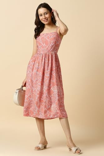 Allen Solly Women's Nylon Blend Modern Calf Length Dress (AHDRCRGFN65290_Peach