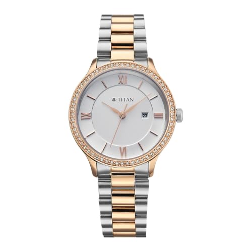 Titan Purple Prestige Quartz 3 Hands + Date Round White Dial, Rose Gold Stainless Steel Strap Watch for Women - 95247KM03