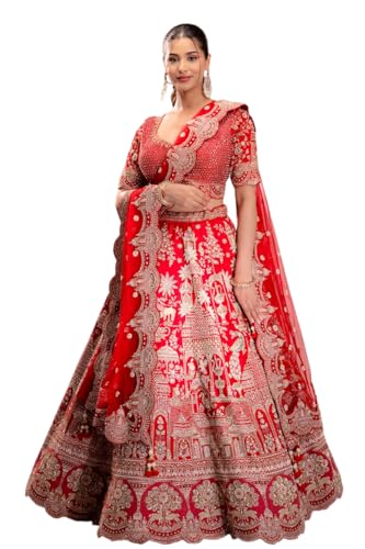 Women's Red Zardosi Embroidered Silk Bridal Lehenga