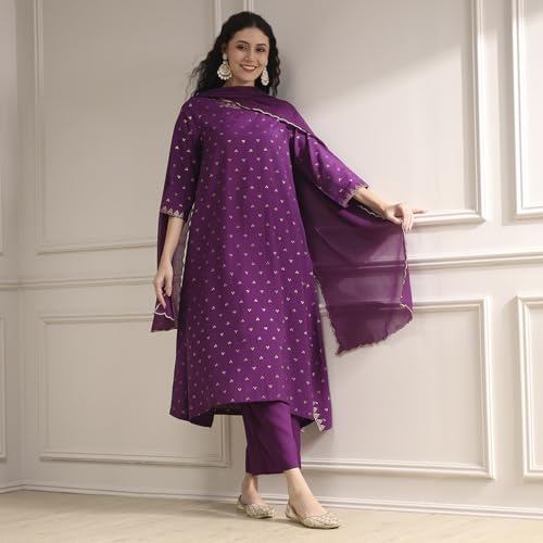 Biba Women Purple Polyseter Blend Straight Printed Kurta Set_32