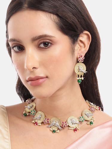 Mansiyaorange Two-Tone Plated Ruby Pearls Studded Bird Choker Necklace and Earrings Jewelry Set For Women Girls