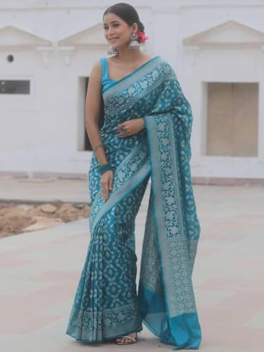 SGF11 Women's Kanjivaram Soft Silk Handloom Saree Golden Zari With Blouse Piece (Blue)